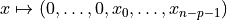 x \mapsto (0, \dots, 0, x_0, \dots, x_{n-p-1})