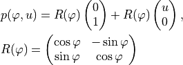 & p(\varphi, u) = R(\varphi)
\begin{pmatrix}
    0 \\
    1
\end{pmatrix}
+ R(\varphi)
\begin{pmatrix}
    u \\
    0
\end{pmatrix},

& R(\varphi) =
\begin{pmatrix}
    \cos\varphi & -\sin\varphi \\
    \sin\varphi & \cos\varphi
\end{pmatrix}
