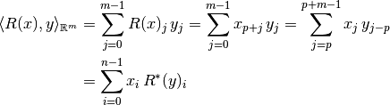 \langle R(x), y \rangle_{\mathbb{R}^m}
&= \sum_{j=0}^{m-1} R(x)_j\, y_j
= \sum_{j=0}^{m-1} x_{p+j}\, y_j
= \sum_{j=p}^{p+m-1} x_j\, y_{j-p} \\
&= \sum_{i=0}^{n-1} x_i\, R^*(y)_i