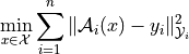 \min_{x\in \mathcal{X}}
\sum_{i=1}^n \| \mathcal{A}_i(x) - y_i \|_{\mathcal{Y}_i}^2
