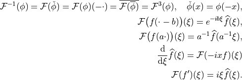 \mathcal{F}^{-1}(\phi) = \mathcal{F}(\check\phi) = \mathcal{F}(\phi)(-\cdot)
= \overline{\mathcal{F}(\overline{\phi})} = \mathcal{F}^3(\phi),
\quad \check\phi(x) = \phi(-x),

\mathcal{F}\big(f(\cdot - b)\big)(\xi) = e^{-i b \xi} \widehat{f}(\xi),

\mathcal{F}\big(f(a \cdot)\big)(\xi) = a^{-1} \widehat{f}(a^{-1}\xi),

\frac{\mathrm{d}}{\mathrm{d} \xi} \widehat{f}(\xi) = \mathcal{F}(-i x f)(\xi)

\mathcal{F}(f')(\xi) = i \xi \widehat{f}(\xi).