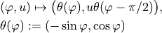 & (\varphi, u) \mapsto \big( \theta(\varphi), u \theta(\varphi - \pi/2)\big),

& \theta(\varphi) := (-\sin\varphi, \cos\varphi)