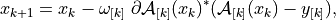 x_{k+1} = x_k - \omega_{[k]} \ \partial \mathcal{A}_{[k]}(x_k)^*
                         (\mathcal{A}_{[k]}(x_k) - y_{[k]}),